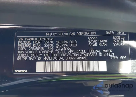 2013 Volvo Xc60 3.2/3.2 Platinum/3.2 Premier/3.2 Premier Plus из США, поврежденный, VIN YV4940DL0D2431641